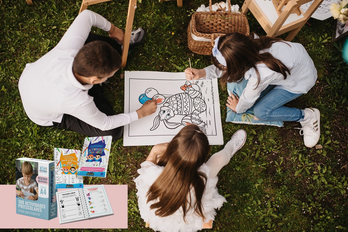 Niños dibujando, realizando actividades preescolares sin pantallas. Dibujando y coloreando dibujos para colorear
